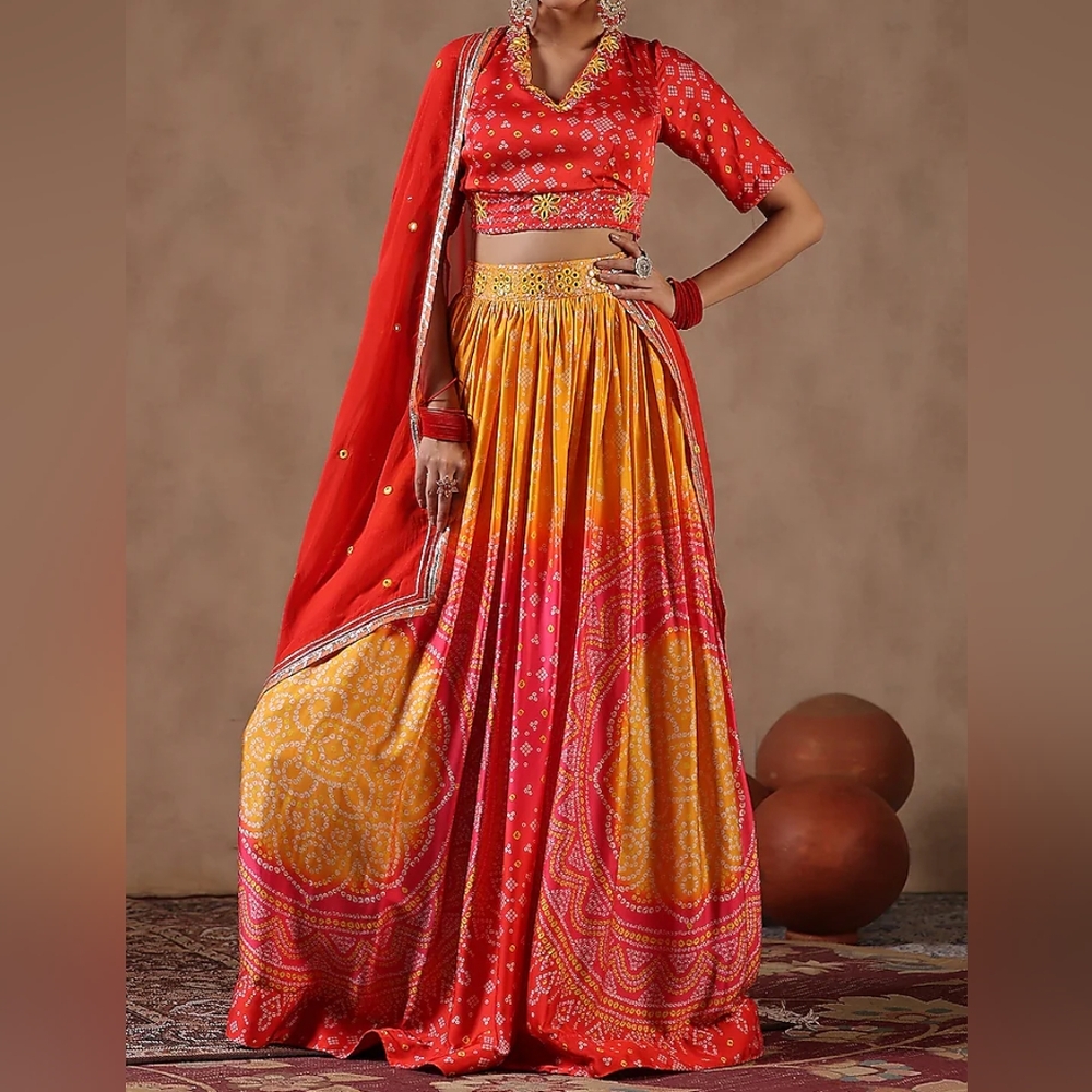 Yellow Satin Mirror Work Bandhani Lehenga Set